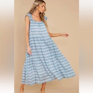 Olivia James The Label Tiered Blue Plaid Oversized Maxi Dress